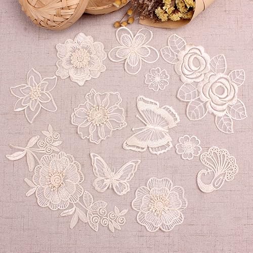 SYSUII 10 Stück Beige 3D Blumen-Stickerei Applikation Blumen Applique Patches Sticker DIY Kleidung Applique Flicken zum Aufnähen Gestickte Basteln und Dekorieren Kleidung Tischtuch Taschen Schal von SYSUII