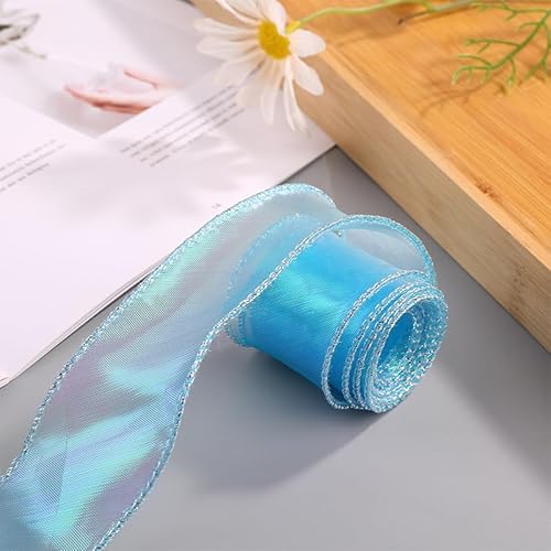 SYSUII 10 Yard Organza Bänder Geschenkband Schleifenband zum basteln Schimmer Sheer Seidenband Stoff Band Glitzer Dekoband für Weihnachten Geschenk Verpackung Party Hochzeit Dekoration -Blau von SYSUII