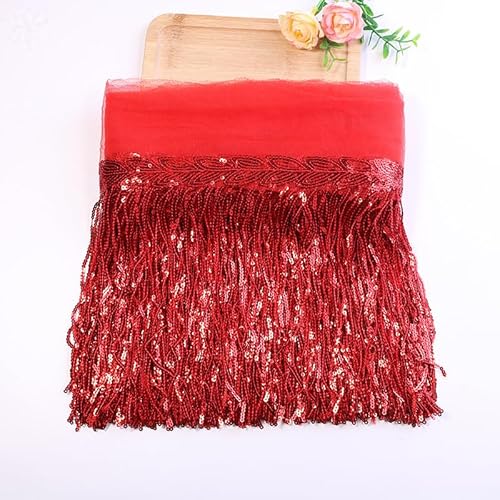 SYSUII 10 Yards 20cm Pailletten Quaste Tanzfransen Fransenborte Pailletten Fringe Trim Fransen Dekoband Bling Fransen Trim Schnittfranse Fransenband für Kostüme Kleidung Basteln Handwerk -Rot von SYSUII