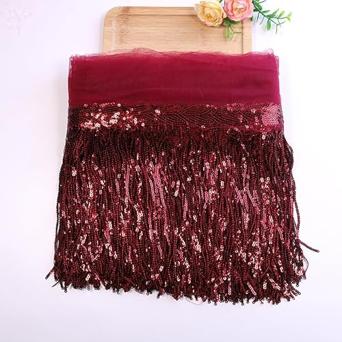 SYSUII 10 Yards 20cm Pailletten Quaste Tanzfransen Fransenborte Pailletten Fringe Trim Fransen Dekoband Bling Fransen Trim Schnittfranse Fransenband für Kostüme Kleidung Basteln Handwerk -Weinrot von SYSUII