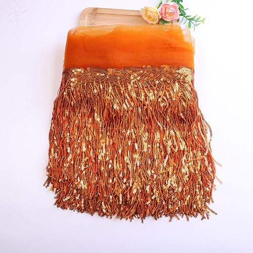 SYSUII 10 Yards 20cm Pailletten Quaste Tanzfransen Fransenborte Pailletten Fringe Trim Fransen Dekoband Bling Fransen Trim Schnittfranse Fransenband für Kostüme Kleidung Basteln Handwerk -orange von SYSUII