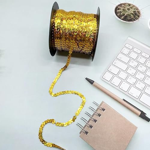 SYSUII 100 Yard Elastische Pailletten Trim 6mm Paillettenband Flache Glitzerband Borten Paillettenborte Paillettenschnur für DIY NäHen KostüMe Handwerk Verzierungen Schmuckherstellung-Glitter Gold von SYSUII