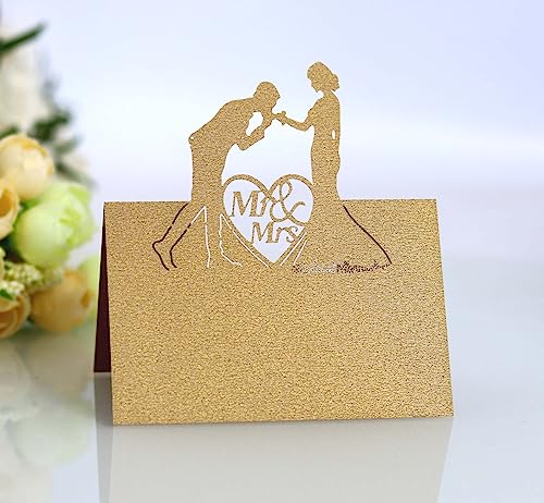 SYSUII 100Pcs Tischkarten Hochzeite,Perlweiss Blanko Namenskarten Herz Hochzeit Party Dekoration Hohle Sitznummernkarten Laser Schnitt Namenskärtchen, DIY Tischdeko für Hochzeiten, Partys-Gold von SYSUII