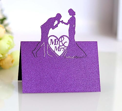 SYSUII 100Pcs Tischkarten Hochzeite,Perlweiss Blanko Namenskarten Herz Hochzeit Party Dekoration Hohle Sitznummernkarten Laser Schnitt Namenskärtchen, DIY Tischdeko für Hochzeiten, Partys-Lila von SYSUII