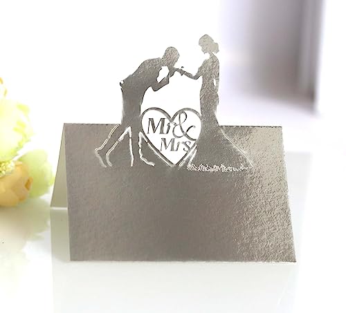 SYSUII 100Pcs Tischkarten Hochzeite,Perlweiss Blanko Namenskarten Herz Hochzeit Party Dekoration Hohle Sitznummernkarten Laser Schnitt Namenskärtchen, DIY Tischdeko für Hochzeiten, Partys-Silber von SYSUII