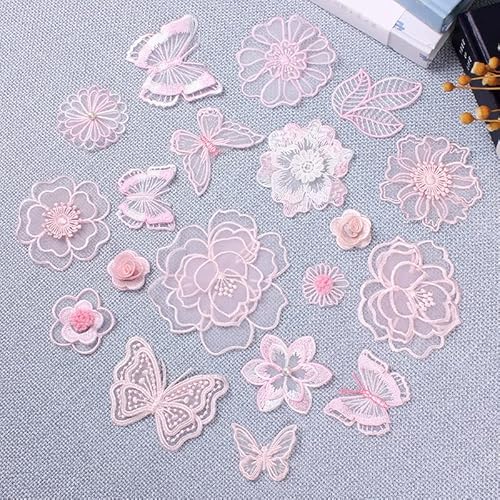 SYSUII 12 Stück Rosa Blumen Schmetterling Applique Patches Sticker DIY Kleidung Applique Spitze Applique Flicken Zum Aufnähen Gestickte Applikation für DIY Kleidung Jeans T-Shirt Jacken Rucksäcke von SYSUII