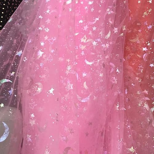 SYSUII 150cm * 2m Tüllstoff Tüllrolle Glitzer Pailletten Dekostoff mit Stern Mond Glitzer Garn Tüll Deko Stoffe Sparkly Stoff für DIY Bekleidung Tüll Tutu Rock Deko Weihnachten Hochzeit -Rosa von SYSUII