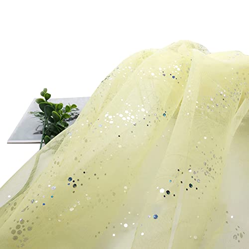 SYSUII 160cm * 3m Chiffon Glitzer Tüll Dekostoff mit kleine Pailletten Dekostoff Kostümstoff zum Nähen Durchsichtig Stoff Tüll Pailletten-Stoff für DIY Hochzeit Kleid Dekoration Tischedeko-Gelb von SYSUII