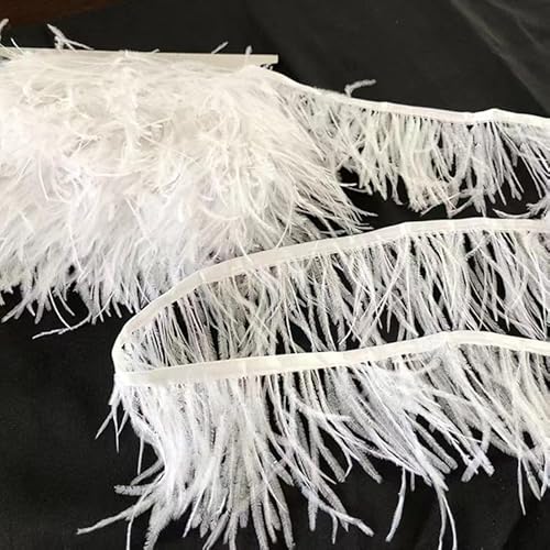 SYSUII 1M 8–10 cm Straußenfedern Borte Fransen mit Satinband,Straußenfedern Borte Feder Fringe Trim Nähen für Straußenfeder Handwerk Kostüme Dekoration DIY Cape Schal Rock Kleid Dekoration-Weiße von SYSUII