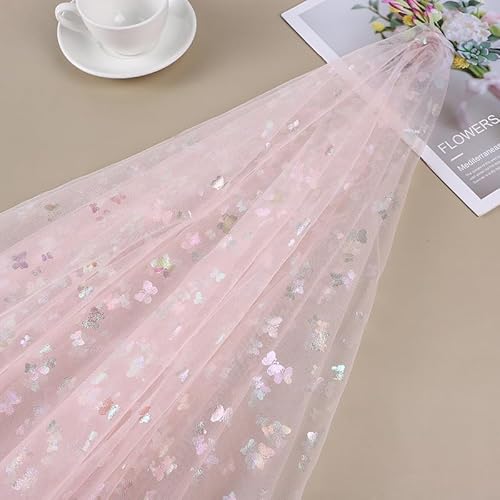 SYSUII 1m * 150cm Glitzer Tüll Dekostoff mit Schmetterling Dekostoff Kostümstoff zum Nähen Netzstoff Netztüll zum Dekorieren Basteln für DIY-Hochzeitskleider Tischdecken Deko -Hell-Pink von SYSUII