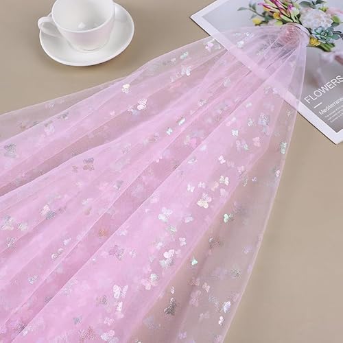 SYSUII 1m * 150cm Glitzer Tüll Dekostoff mit Schmetterling Dekostoff Kostümstoff zum Nähen Netzstoff Netztüll zum Dekorieren Basteln für DIY-Hochzeitskleider Tischdecken Deko -Rosa von SYSUII