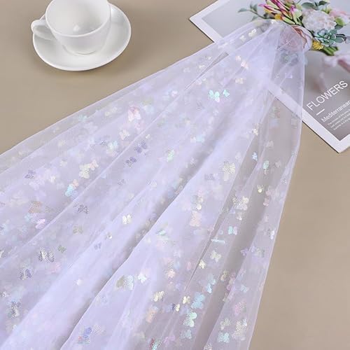 SYSUII 1m * 150cm Glitzer Tüll Dekostoff mit Schmetterling Dekostoff Kostümstoff zum Nähen Netzstoff Netztüll zum Dekorieren Basteln für DIY-Hochzeitskleider Tischdecken Deko -Weiße von SYSUII