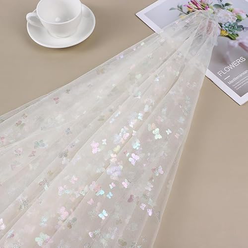 SYSUII 2m * 150cm Glitzer Tüll Dekostoff mit Schmetterling Dekostoff Kostümstoff zum Nähen Netzstoff Netztüll zum Dekorieren Basteln für DIY-Hochzeitskleider Tischdecken Deko -Beige von SYSUII