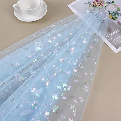 SYSUII 2m * 150cm Glitzer Tüll Dekostoff mit Schmetterling Dekostoff Kostümstoff zum Nähen Netzstoff Netztüll zum Dekorieren Basteln für DIY-Hochzeitskleider Tischdecken Deko -Blau von SYSUII