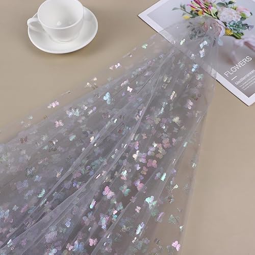 SYSUII 2m * 150cm Glitzer Tüll Dekostoff mit Schmetterling Dekostoff Kostümstoff zum Nähen Netzstoff Netztüll zum Dekorieren Basteln für DIY-Hochzeitskleider Tischdecken Deko -Grau von SYSUII