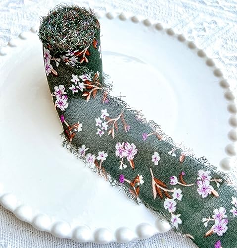 SYSUII 3 Rollen 4cm*5m Chiffonband - Retro Blumen Bedruckt Geschenkband Schleifenband Stoffband Fransen-Chiffon-Bänder Dekoband für Blumenstrauß Hochzeitsfeier Brautschmuck DIY Handwerk -Grün von SYSUII