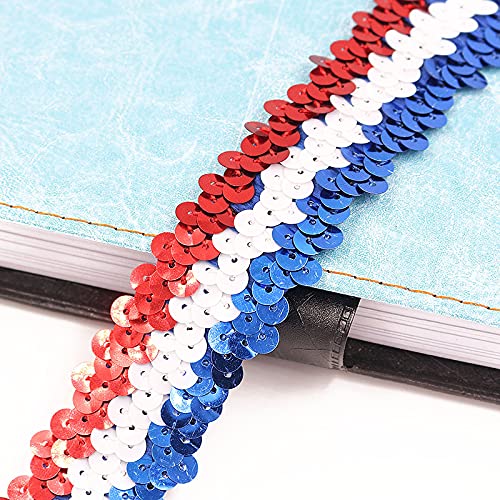 SYSUII 3cm* 10m Pailletten Bänder Paillettenborte Pailletten Band,Glänzende Geflochten Dekoband Glitzer Borte Zierband Paillettenbesatz für DIY Handwerk,Tanzbekleidungen,Armband -Rot Blau Weiß von SYSUII