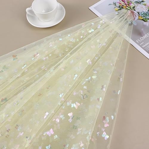 SYSUII 3m * 150cm Glitzer Tüll Dekostoff mit Schmetterling Dekostoff Kostümstoff zum Nähen Netzstoff Netztüll zum Dekorieren Basteln für DIY-Hochzeitskleider Tischdecken Deko -Gelb von SYSUII