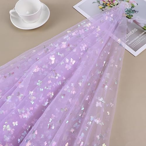 SYSUII 3m * 150cm Glitzer Tüll Dekostoff mit Schmetterling Dekostoff Kostümstoff zum Nähen Netzstoff Netztüll zum Dekorieren Basteln für DIY-Hochzeitskleider Tischdecken Deko -helles Lila von SYSUII