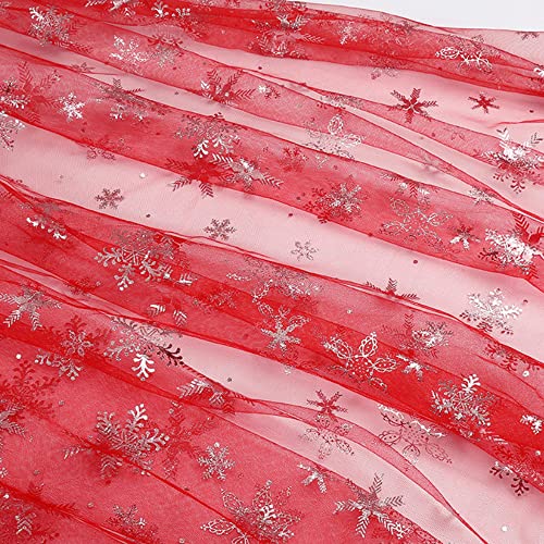 SYSUII 3m * 160cm Chiffon Stoff mit Schneeflocken Dekostoff Kostümstoff zum Nähen glitzernder Durchsichtig Stoff Tüll Pailletten-Stoff für DIY handgemachte Kleidung Hochzeit Kleid Dekoration-Rot von SYSUII