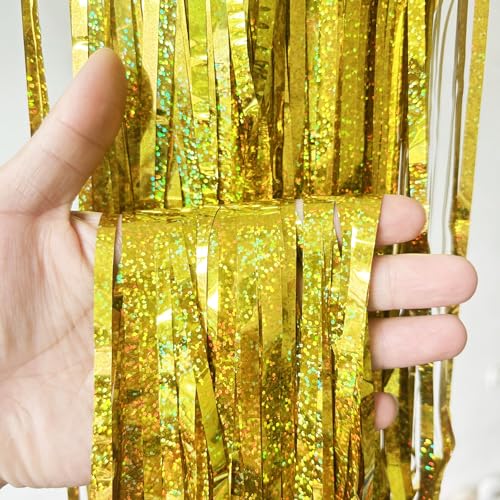 SYSUII 4 Stück Metallic Lametta Vorhänge,1m x 3m Gold Glitzer Selbstklebende Folien Fransen Lametta Vorhange Folie Hintergrund für Geburtstag Hochzeit Weihnachtsfeier Tür Fenster Partydekorationen von SYSUII