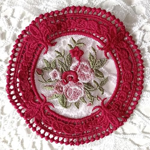 SYSUII 4 Stück Spitzendeckchen Spitze Untersetzer -Rund Vintage Spitze Tischsets Gestrickte Tischdecke Blumen Kleine Tischläufer Handarbeit Deckchen für Küche,Esszimmer Hochzeit Teeparty-Rot von SYSUII