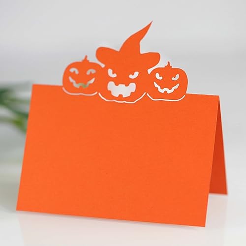 SYSUII 50 Stück Halloween Tischkarten Platzkarten Perlglanzpapier Blanko Sitznummernkarten Namensschilder Laser Schnitt Namenskarten Hohle Sitzkarten für Hochzeiten, Partys, Bankette-orange von SYSUII