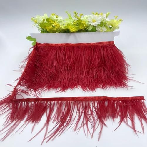 SYSUII 8-10CM Breit Straußenfedern Borte Fransen mit Satinband, 2M straußenfedern Stoffstreifen Federn Fringe Trim Feder fransen Band für DIY Nähen Handwerk Weihnachten Kostüme DIY Dekoration-Rot#1 von SYSUII