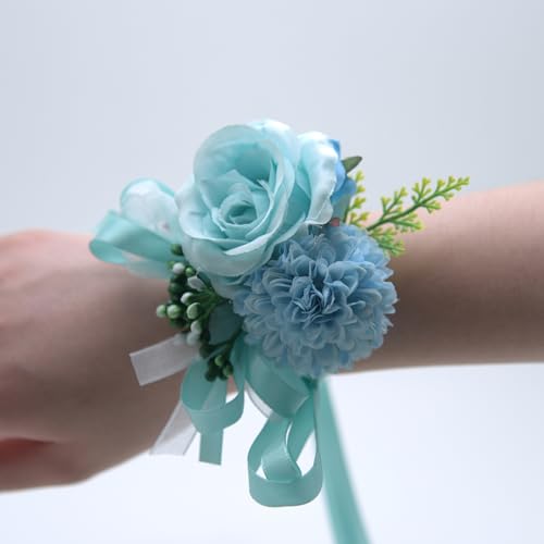 SYSUII Hochzeit Handgelenk Blume - 2 Stück Braut Handgelenk Blume Schöne Künstliche Blume Armband Hochzeit Armband Hand Blume Blumenarmband für Hochzeit Party Abschlussball -hellblau von SYSUII