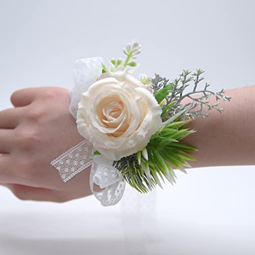 SYSUII Hochzeit Handgelenk Blume - 2 Stück Künstliche Rose Blume Armband Brautjungfer Braut Mädchen Hand Blume Blumenarmband Für Hochzeiten Bankette Jubiläumsdaten Festival, Party -Beige von SYSUII