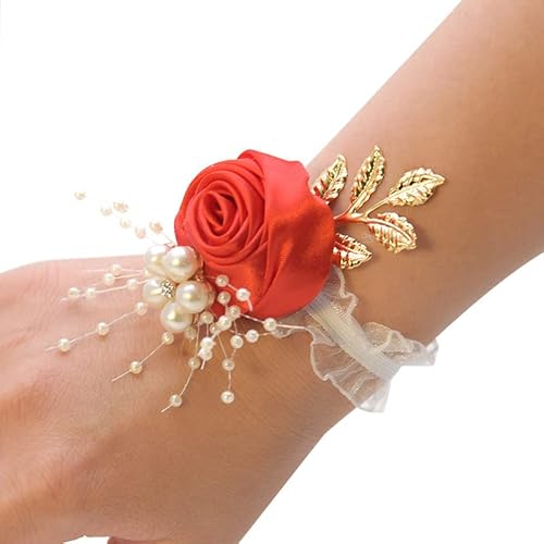 SYSUII Hochzeit Handgelenk Blumen,Blumenarmband Hand Rose Blumen Perle Armband Hochzeit Blumen Handgelenk Corsage Armreif für Frauen Mädchen Geschenk Braut Brautjungfer Weihnachten Prom Party -Rot von SYSUII