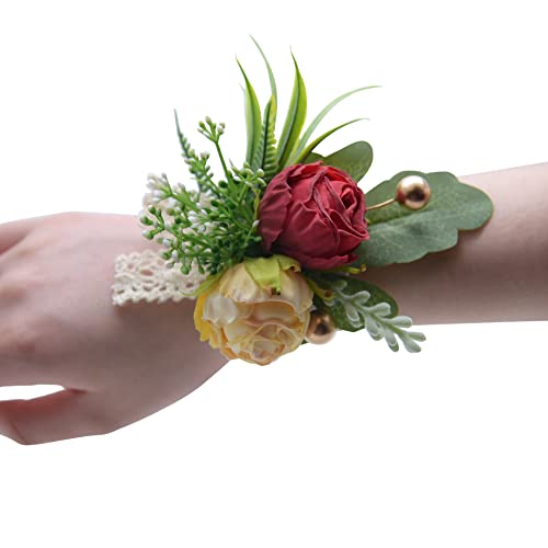 SYSUII Hochzeit Handgelenk Blumen - 6 Stück Blumenarmband Brautjungfer Mädchen Hand Blume Braut Künstliche Handgelenk Blume Armband Für Hochzeiten Bankette Jubiläumsdaten Festival, Party-Rot von SYSUII