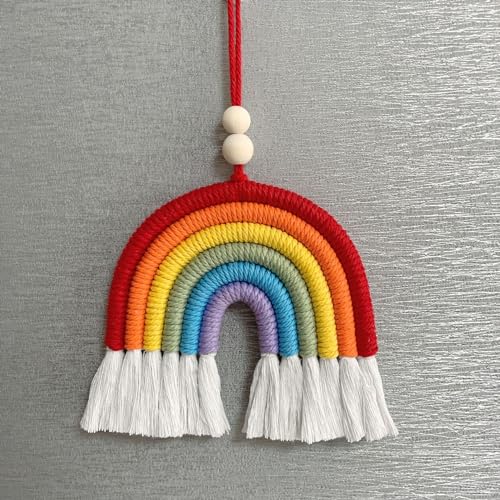 SYSUII Regenbogen Wandbehang,Handgewebte Makramee Regenbogen Wanddeko mit Holzperlen Auto Rückspiegel Anhänger Makramee Regenbogen Boho Wanddeko Für Auto Dekoration Kinderzimmer Zuhause Heimdekoration von SYSUII