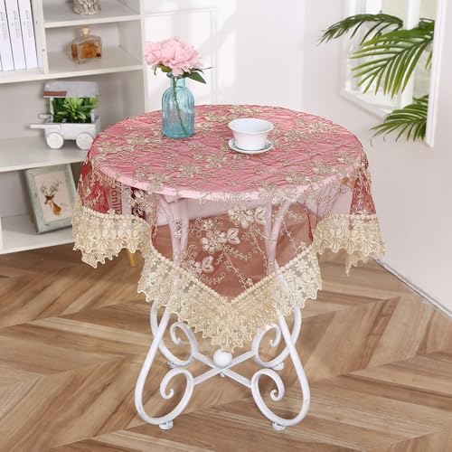 SYSUII Spitzentischdecke Tischdeko - Spitze Tischdecke Boho Dekor Spitzenauflage Vintage Blumenmuster Bestickte Spitzeauflage Tischtuch Für Hochzeit Party Urlaub Haus Dekoration -Rot,150x220cm von SYSUII