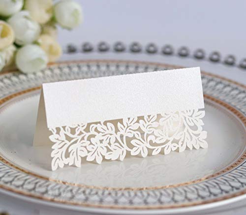 SYSUII Tischkarten Namenskarten 100 Stück -Platzkarten zum beschriften mit Elegantes Hohle Blätter Design Perlglanzpapier Sitznummernkarten für Hochzeit Geburtstag Konfirmation Kommunion Taufe -Beige von SYSUII