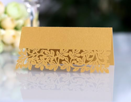 SYSUII Tischkarten Namenskarten 100 Stück -Platzkarten zum beschriften mit Elegantes Hohle Blätter Design Perlglanzpapier Sitznummernkarten für Hochzeit Geburtstag Konfirmation Kommunion Taufe -Gold von SYSUII