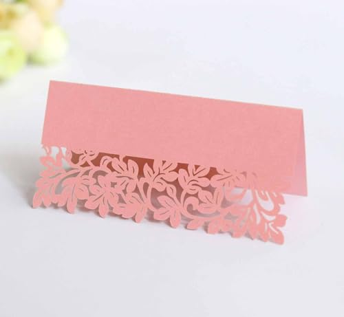 SYSUII Tischkarten Namenskarten 100 Stück -Platzkarten zum beschriften mit Elegantes Hohle Blätter Design Perlglanzpapier Sitznummernkarten für Hochzeit Geburtstag Konfirmation Kommunion Taufe -Rosa von SYSUII