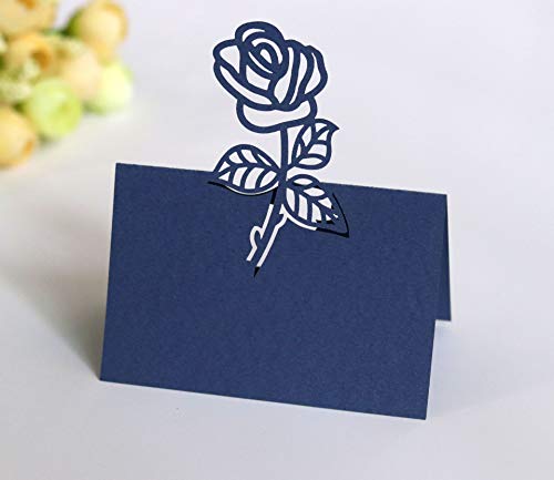 SYSUII Tischkarten Platzkarten Namenskarten 50 Stück zum beschriften Hochzeits-Namenskarte Perlglanzpapier-Platzkarten Rose Blumen Hohle Sitznummernkarten für Hochzeiten, Partys, Bankette-Dunkelblau von SYSUII