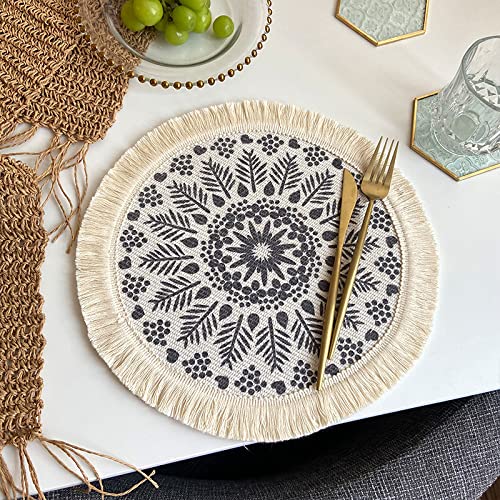 SYSUII Tischsets 6er Set, Rund 33cm Untersetzer Gewebte Tischsets Baumwolle Platzsets Abwaschbar Hitzebeständig waschbar, rutschfest Mandala-Muster für Hochzeit Restaurant Party Outdoor Tischdeko von SYSUII