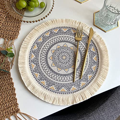 SYSUII Tischsets 6er Set, Rund 33cm Untersetzer Gewebte Tischsets Baumwolle Platzsets Abwaschbar Hitzebeständig waschbar, rutschfest Mandala-Muster für Hochzeit Restaurant Party Outdoor Tischdeko von SYSUII