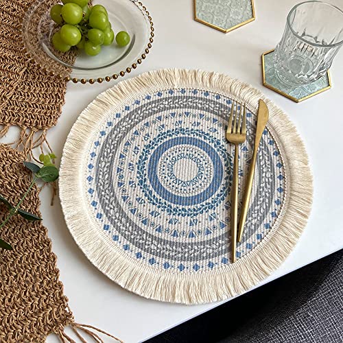 SYSUII Tischsets 6er Set, Rund 33cm Untersetzer Gewebte Tischsets Baumwolle Platzsets Abwaschbar Hitzebeständig waschbar, rutschfest Mandala-Muster für Hochzeit Restaurant Party Outdoor Tischdeko von SYSUII