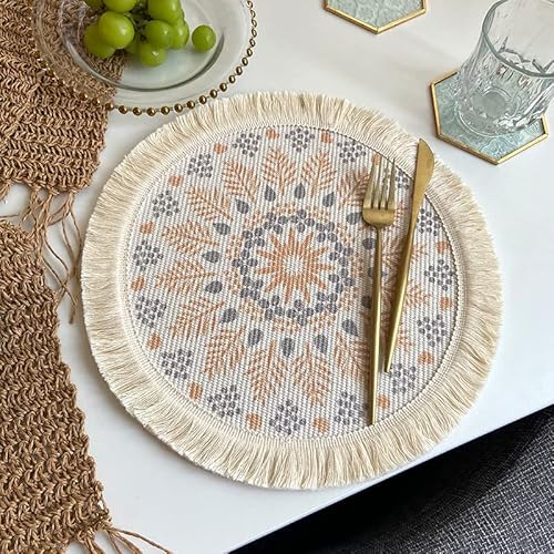 SYSUII Tischsets 6er Set, Rund 33cm Untersetzer Gewebte Tischsets Baumwolle Platzsets Abwaschbar Hitzebeständig waschbar, rutschfest Mandala-Muster für Hochzeit Restaurant Party Outdoor Tischdeko von SYSUII