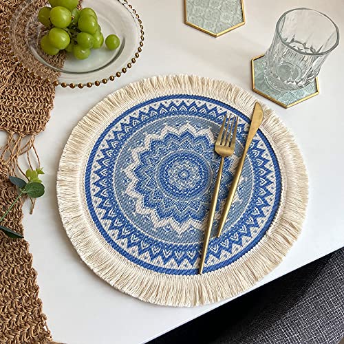 SYSUII Tischsets 6er Set, Rund 33cm Untersetzer Gewebte Tischsets Baumwolle Platzsets Abwaschbar Hitzebeständig waschbar, rutschfest Mandala-Muster für Hochzeit Restaurant Party Outdoor Tischdeko von SYSUII