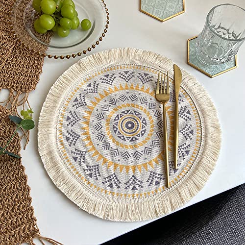 SYSUII Tischsets 6er Set, Rund 33cm Untersetzer Gewebte Tischsets Baumwolle Platzsets Abwaschbar Hitzebeständig waschbar, rutschfest Mandala-Muster für Hochzeit Restaurant Party Outdoor Tischdeko von SYSUII