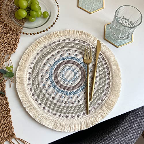 SYSUII Tischsets 6er Set, Rund 33cm Untersetzer Gewebte Tischsets Baumwolle Platzsets Abwaschbar Hitzebeständig waschbar, rutschfest Mandala-Muster für Hochzeit Restaurant Party Outdoor Tischdeko von SYSUII