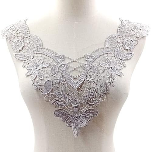 Spitze Kragen Applikation,3D Stickerei Spitze Applikation Blumen Spitze Patch Spitzemotiv Applique Patches Einsatzkragen Lace Trim für Kleid DIY Ausschnitt Brautkleid Kleidung，Grau von SYSUII