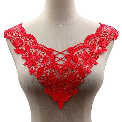 Spitze Kragen Applikation,3D Stickerei Spitze Applikation Blumen Spitze Patch Spitzemotiv Applique Patches Einsatzkragen Lace Trim für Kleid DIY Ausschnitt Brautkleid Kleidung，Rot von SYSUII