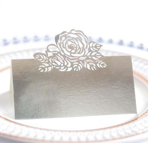 Tischkarten,Platzkarten 50 stück Blanko Namenskärtchen 3D Rose Blumen Muster Namensschilder Namenskarten Hohle Sitznummernkarten für Hochzeiten, Party Dekoration Bankette Taufe Engagierte-Silber von SYSUII