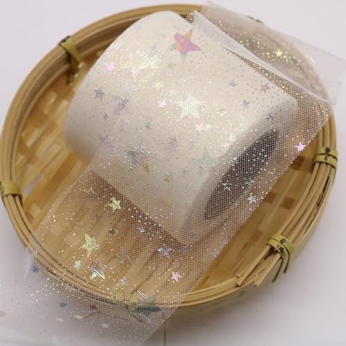 Weihnachten Geschenkband,25m x 60mm Sterne Regenboge Deko Schimmer Sheer Schleifenband Stoff Band Zierband Hochzeit Geburtstag Weihnachten Geschenkverpackung Party Dekoration -Beige von SYSUII