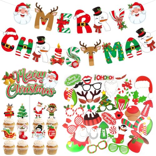 42 Stück Weihnachten Fotorequisiten,Merry Christmas Girlande Weihnachten Banner,Merry Christmas Cake Toppers Weihnachts Kuchen Deko Für Weihnachtsfeier Weihnachten Deko Party Home Deko von SYTTNUM